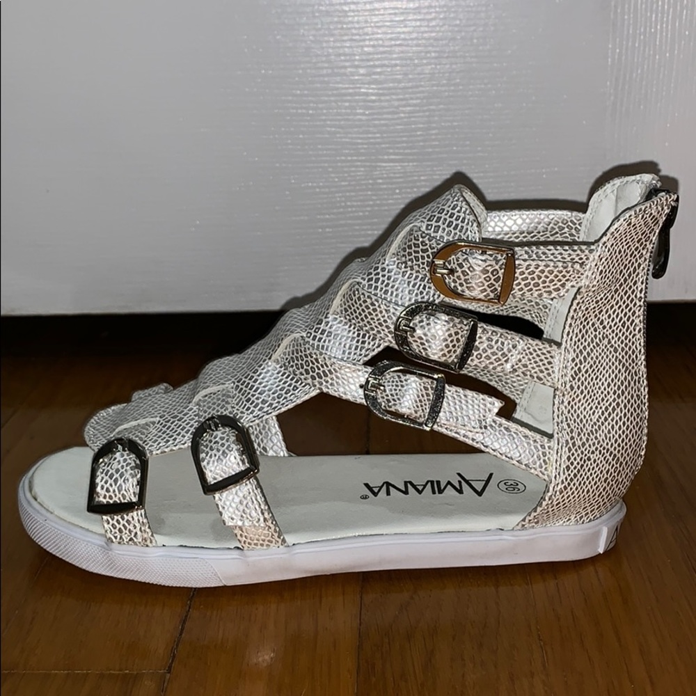 Silver met python sandals